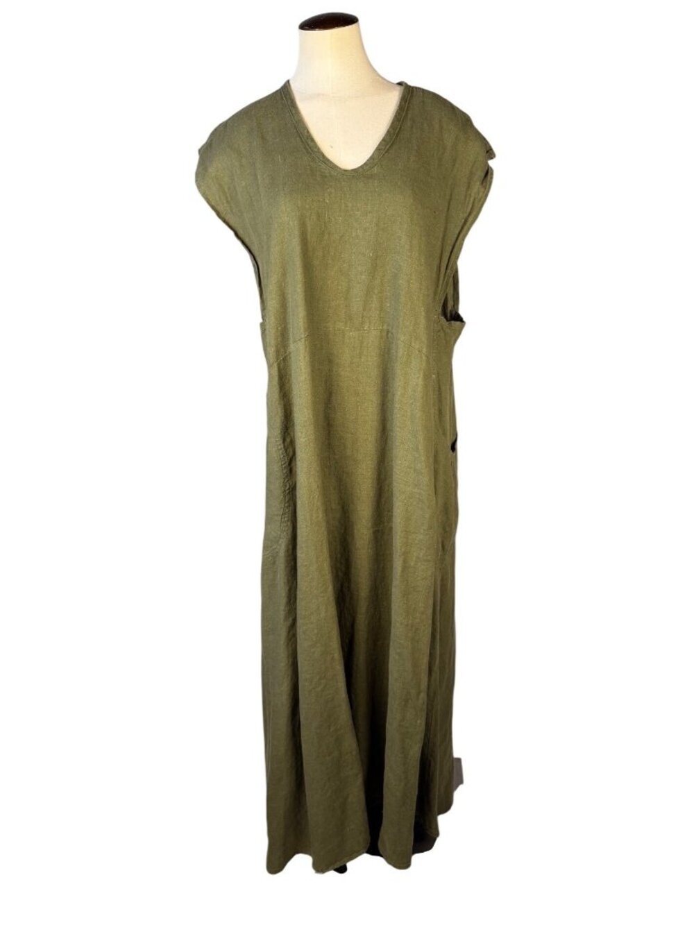 Flax Jeanne Engelhart Olive Green Linen Maxi Dress Large Lagenlook Minimalist